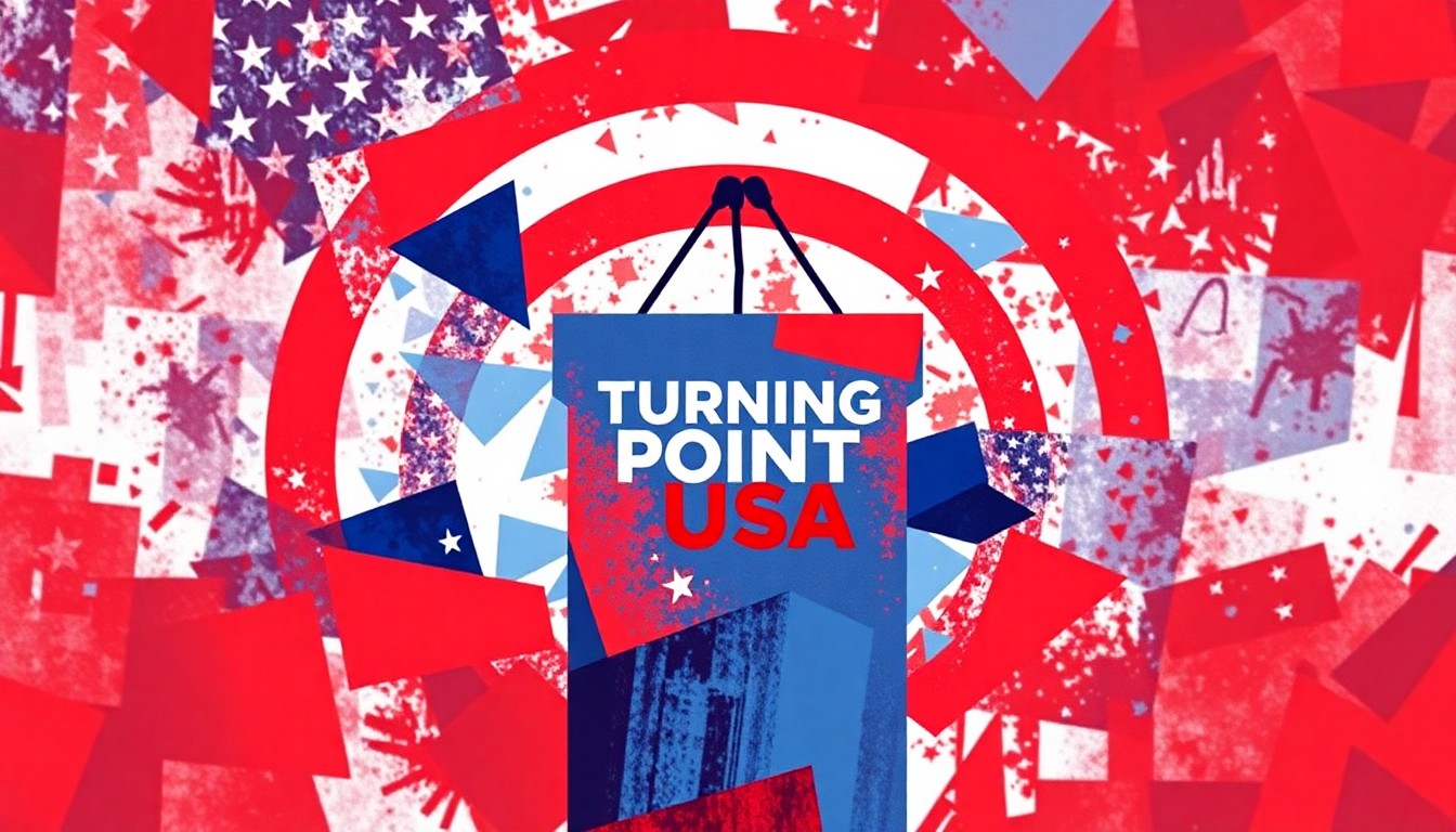 A dynamic, abstract painting featuring overlapping, fractured shapes and lines in shades of red, white, and blue, conveying a sense of organizational chaos and fragmentation.