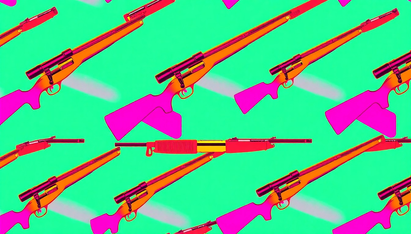 A vibrant, high-contrast silkscreen print featuring a hunting rifle or other iconic hunting equipment repeated in a tight grid pattern, rendered in a bold, pop art style with flat, neon color palettes and heavy black outlines.