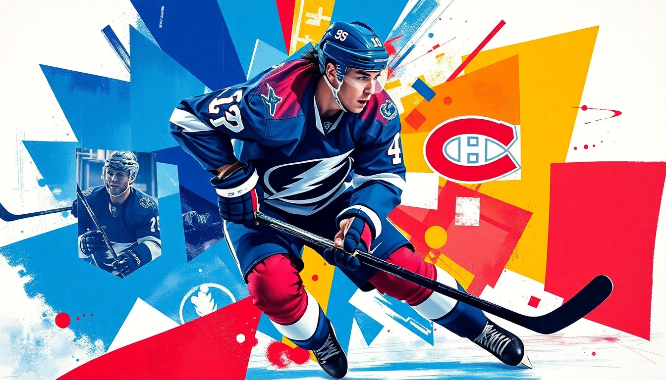 A cubist, geometric painting depicting a hockey player in action, with sharp, overlapping planes of blue, white, and red representing the Tampa Bay Lightning and Montreal Canadiens team colors.
