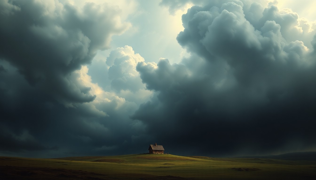 A vast, atmospheric landscape painting featuring a small, isolated house dwarfed by the overwhelming scale of an approaching storm, conveying the sublime power of nature.