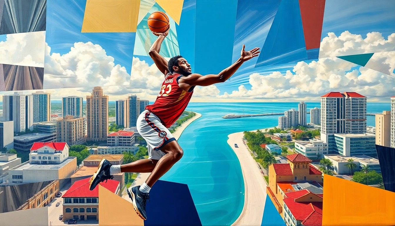 A cubist, geometric painting depicting Giannis Antetokounmpo in motion on a basketball court, with the Miami skyline visible in the background, all rendered in a fractured, multi-perspective style.