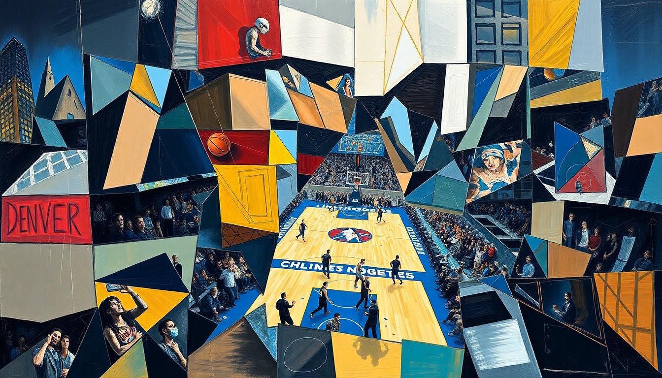 A fractured, cubist-style painting depicting the action and energy of a basketball game between two teams, with sharp geometric shapes and planes of color representing the players and court.