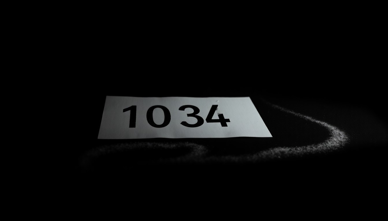 An extreme close-up photograph of a police evidence marker, such as a numbered placard or chalk outline, lit by a harsh, direct camera flash against a pitch-black background, conveying the gritty, investigative nature of the crime scene.