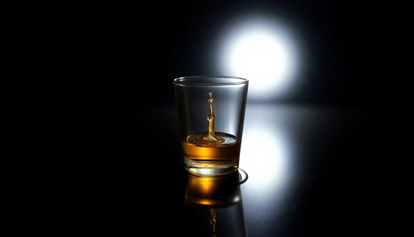 An extreme close-up of a shattered tequila shot glass reflecting a harsh, bright light, conceptually illustrating the dangers of overserving alcohol on cruise ships.