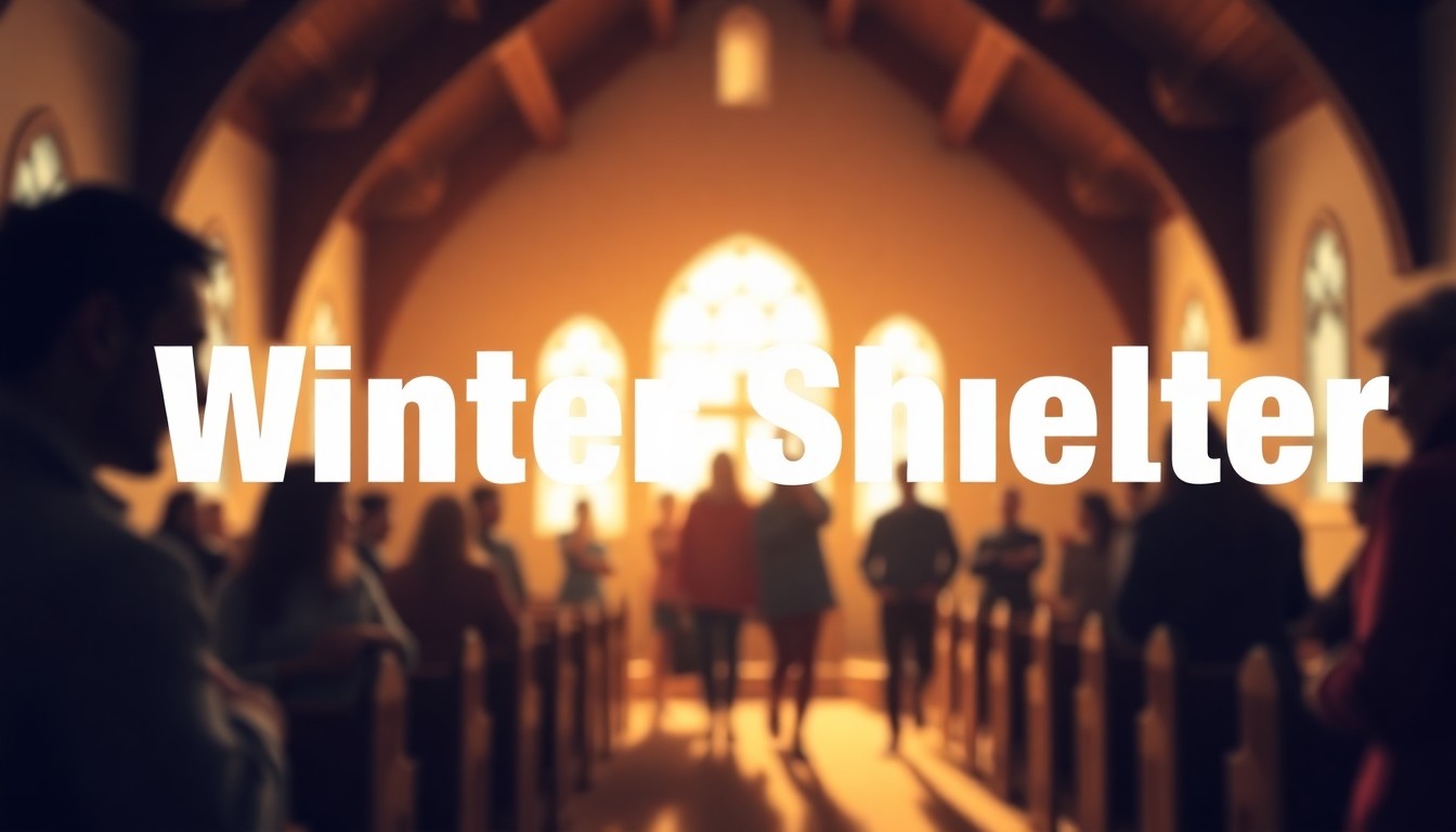An abstract, out-of-focus photograph in soft, warm tones depicting the interior of a church, with blurred silhouettes of people, conceptually representing the welcoming and supportive atmosphere of the winter shelter program.
