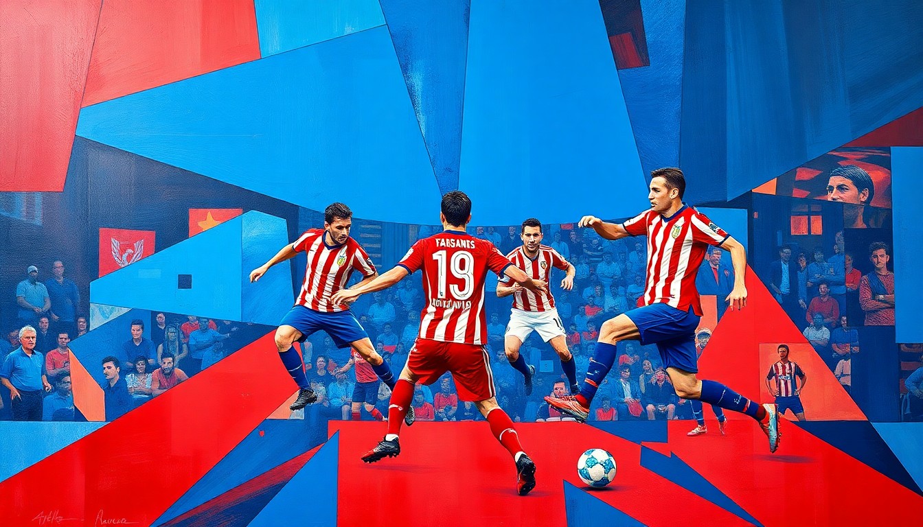 A cubist, geometric painting depicting an abstracted football match, with the players' forms broken down into overlapping planes of vibrant red and blue colors.