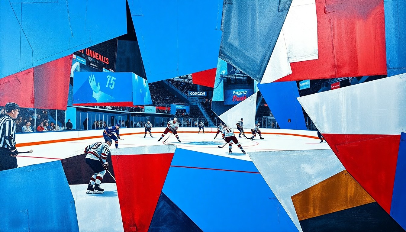 A fragmented, geometric painting in bold blues, reds, and silvers, depicting the dynamic movement and overlapping perspectives of a hockey game, conveying the defensive coordination between two players.