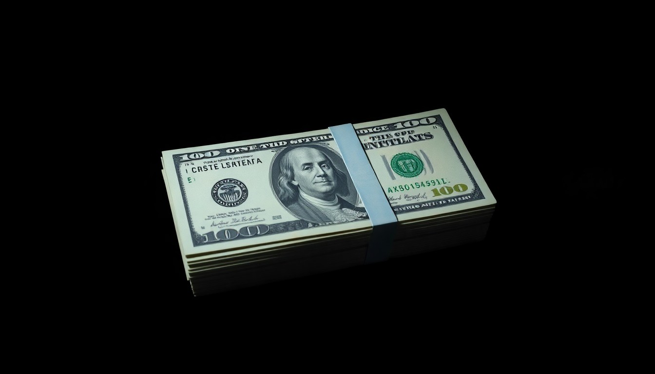 An extreme close-up photograph of a stack of US dollar bills lit by a harsh, direct camera flash against a pitch-black background, conceptually illustrating the unreported earnings at the center of this case.