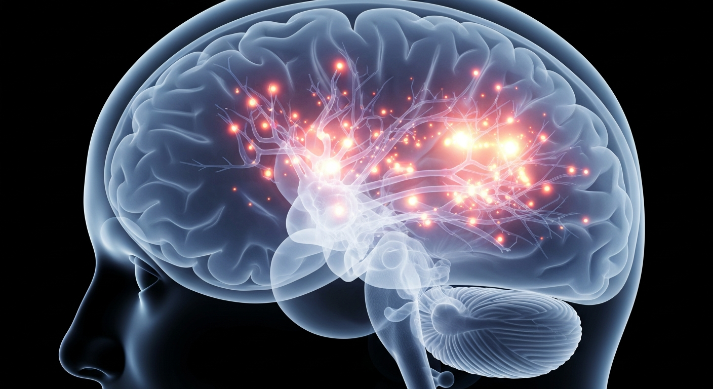 A translucent X-ray image of a human brain, with glowing neural pathways and areas of heightened activity, conceptually representing the mental strain experienced by intelligence analysts.