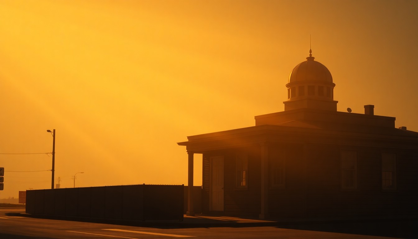 A dimly lit, cinematic painting of a government building or surveillance camera, with warm sunlight casting dramatic shadows across the scene, conveying a sense of quiet unease about the expansion of state surveillance powers.