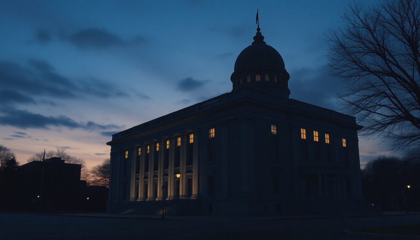 A dimly lit, cinematic painting of a city hall building at dusk, with long shadows stretching across the facade, capturing the quiet tension and political drama unfolding inside.