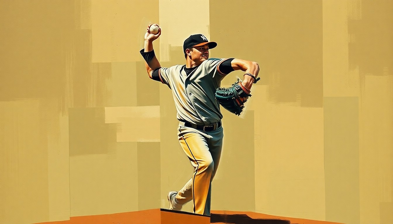 A cubist, geometric painting depicting a baseball pitcher's motion broken down into overlapping planes of muted earth tones, conceptually representing the Brewers' patient approach to developing their young pitching talent.