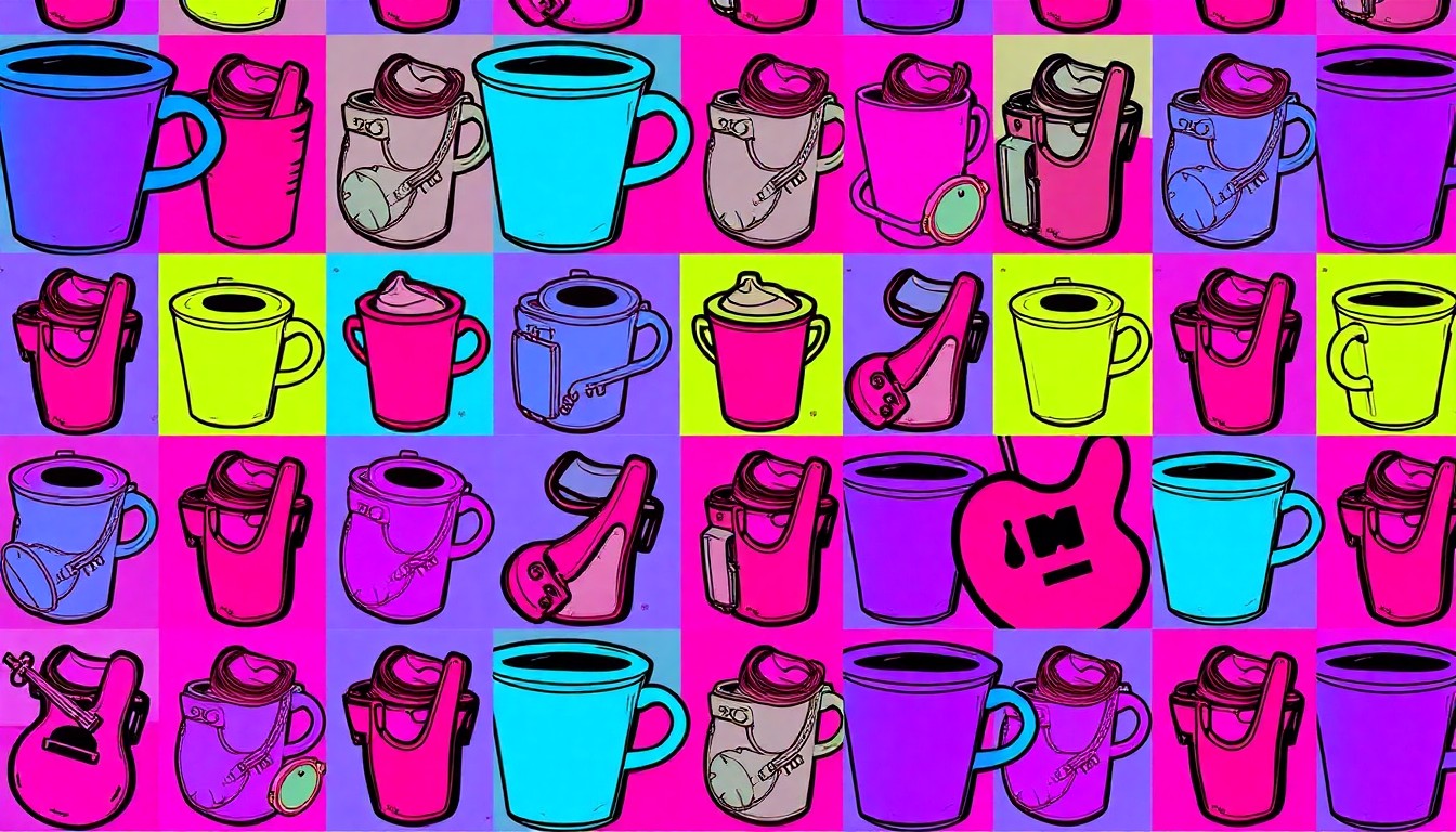 A brightly colored, high-contrast silkscreen print of an iconic lifestyle object like a musical instrument or piece of clothing, repeated in a tight grid pattern in the style of Andy Warhol. The image utilizes flat, vibrant, and unnatural neon color palettes overlapping with heavy black photographic outlines to turn everyday community activities into modern pop art, completely avoiding text or readable labels.