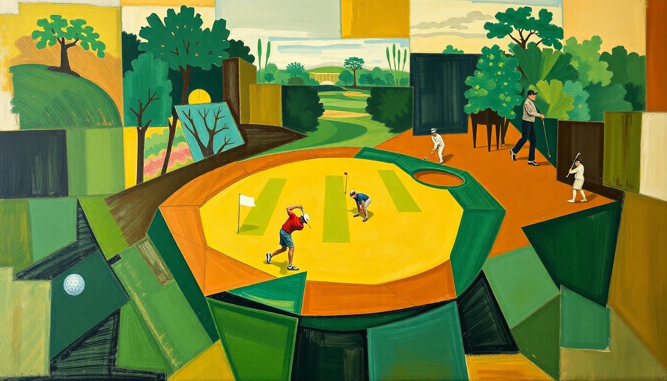 A fragmented, geometric painting depicting a golf match or competition, with sharp planes of color and overlapping perspectives, conveying the complex balance between individual player styles and collective tournament pacing.
