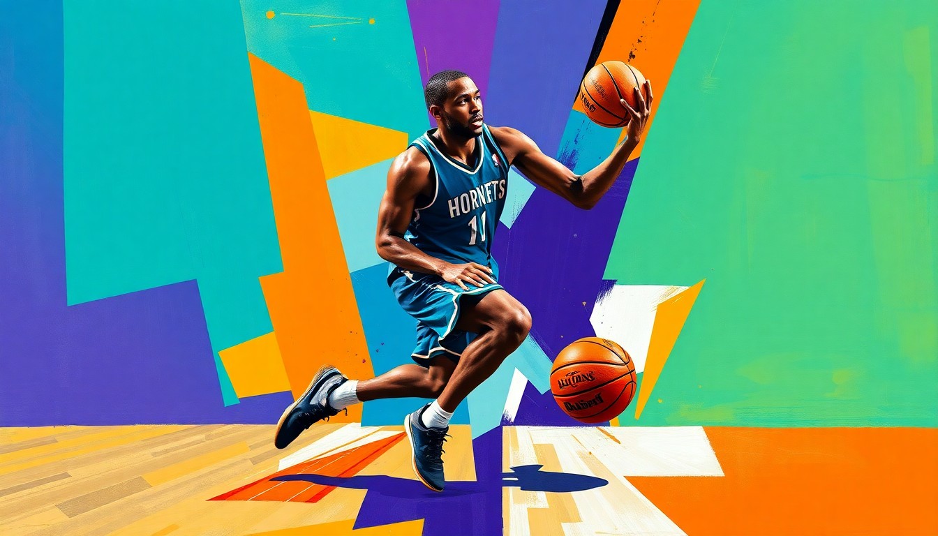 A fragmented, geometric painting depicting a basketball player's movements, with sharp planes of teal, purple, orange, blue, and black colors representing the opposing teams.