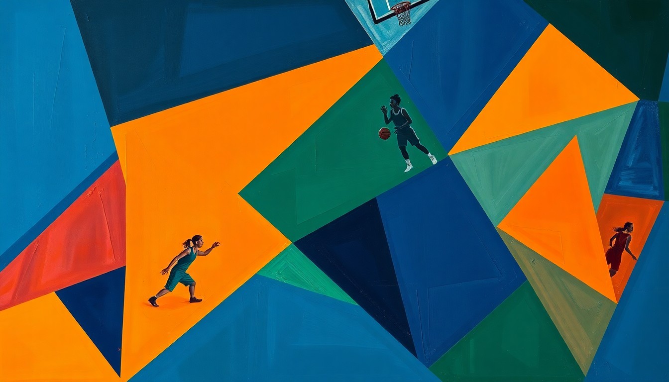 A cubist-style painting depicting a fragmented, geometric representation of a women's basketball game, with sharp planes of navy, green, and orange intersecting to create a dynamic, abstract composition.