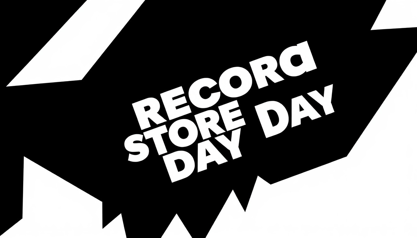 A dynamic, abstract composition of angular, overlapping black and red shapes against a stark white background, conceptually representing the vibrant energy and celebration of Record Store Day.
