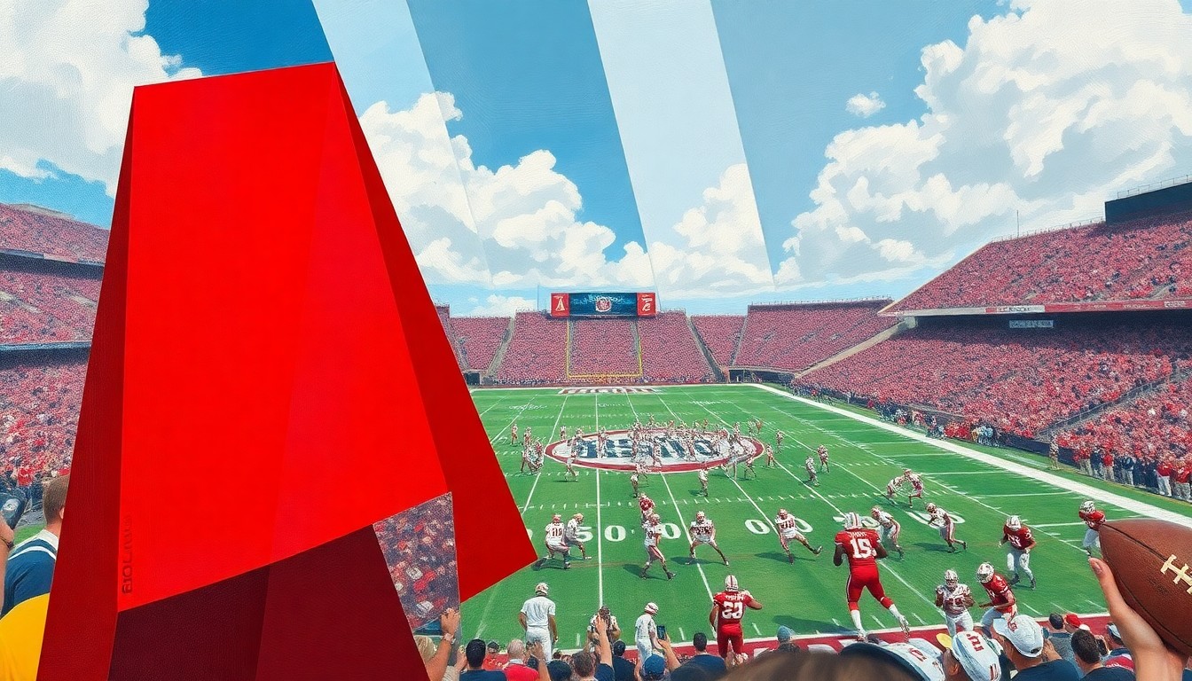 A fractured, cubist-style painting depicting an Ohio State football game, with the players and field broken down into sharp, overlapping geometric shapes and planes in a range of earthy greens, browns, and grays, capturing the intensity and chaos of the spring game.