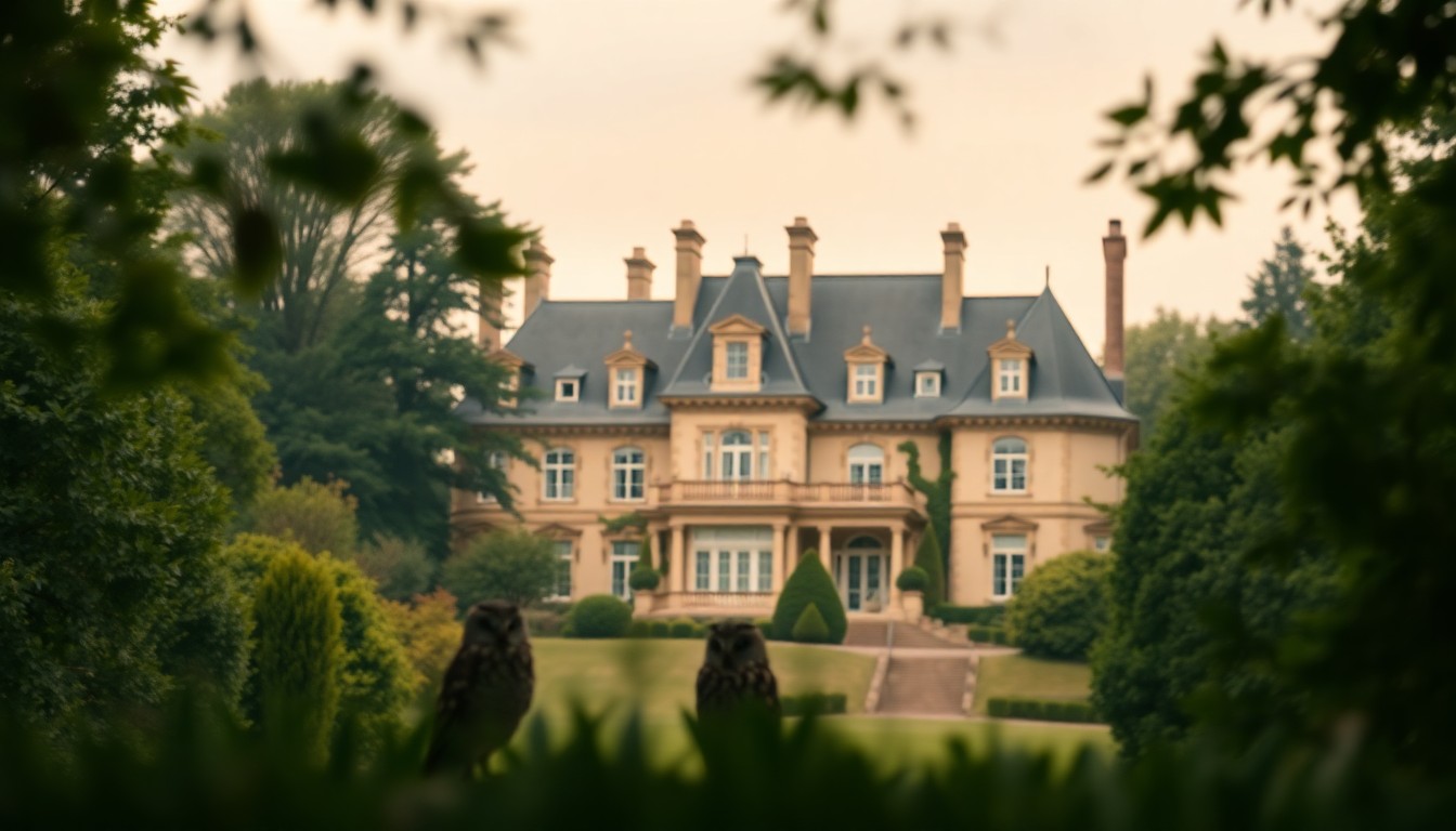 An abstract, out-of-focus photograph in warm, earthy tones depicting the soft, blurred outline of a stately mansion surrounded by lush greenery, conceptually representing the timeless elegance and seclusion of this luxury property.