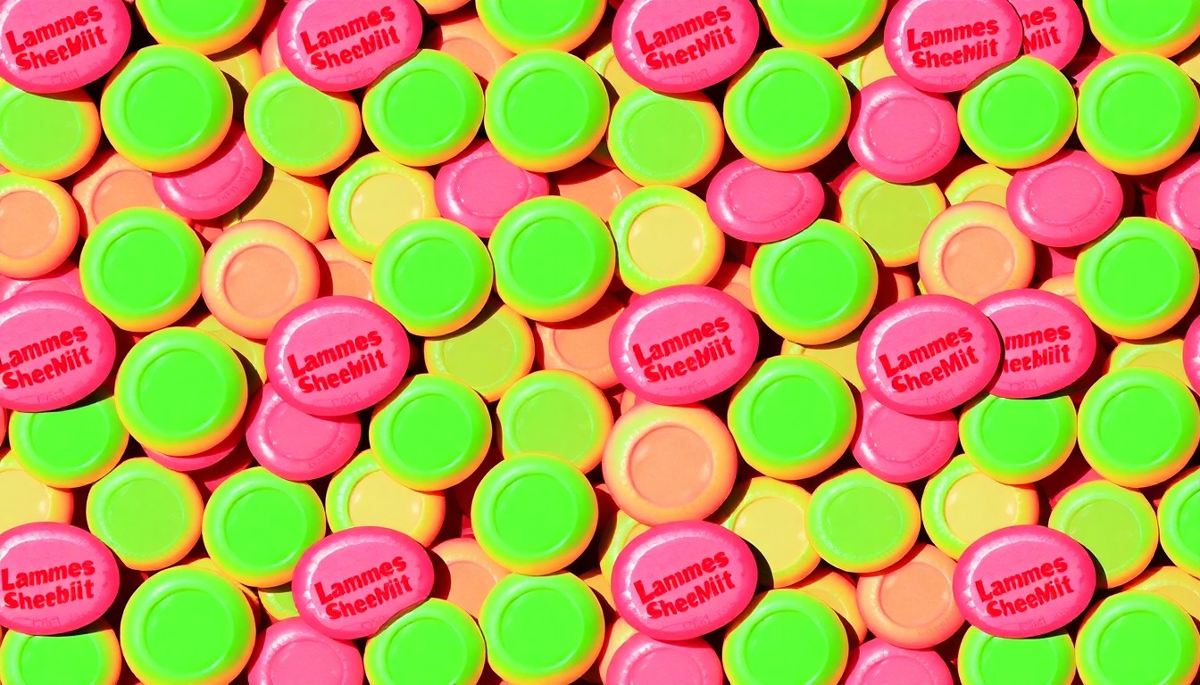A bold, colorful silkscreen-style illustration featuring a grid of pastel-colored circular candies, conceptually representing the vintage Lammes Sherbet Mints sold at Cracker Barrel.