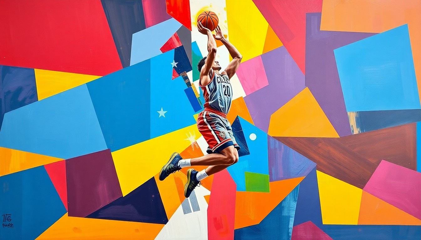 A cubist-style painting depicting a college basketball player in mid-jump shot, broken down into sharp, overlapping geometric shapes and planes in the team's colors, conveying the competitive nature of the transfer process.