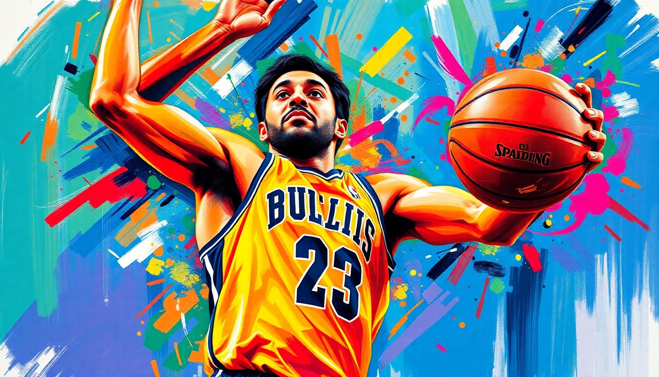 An abstract, energetic painting featuring bold, neon-colored brushstrokes that capture the dynamic movement and athleticism of a basketball player driving to the hoop, with the player's face and jersey details dissolving into the expressive, vibrant strokes.