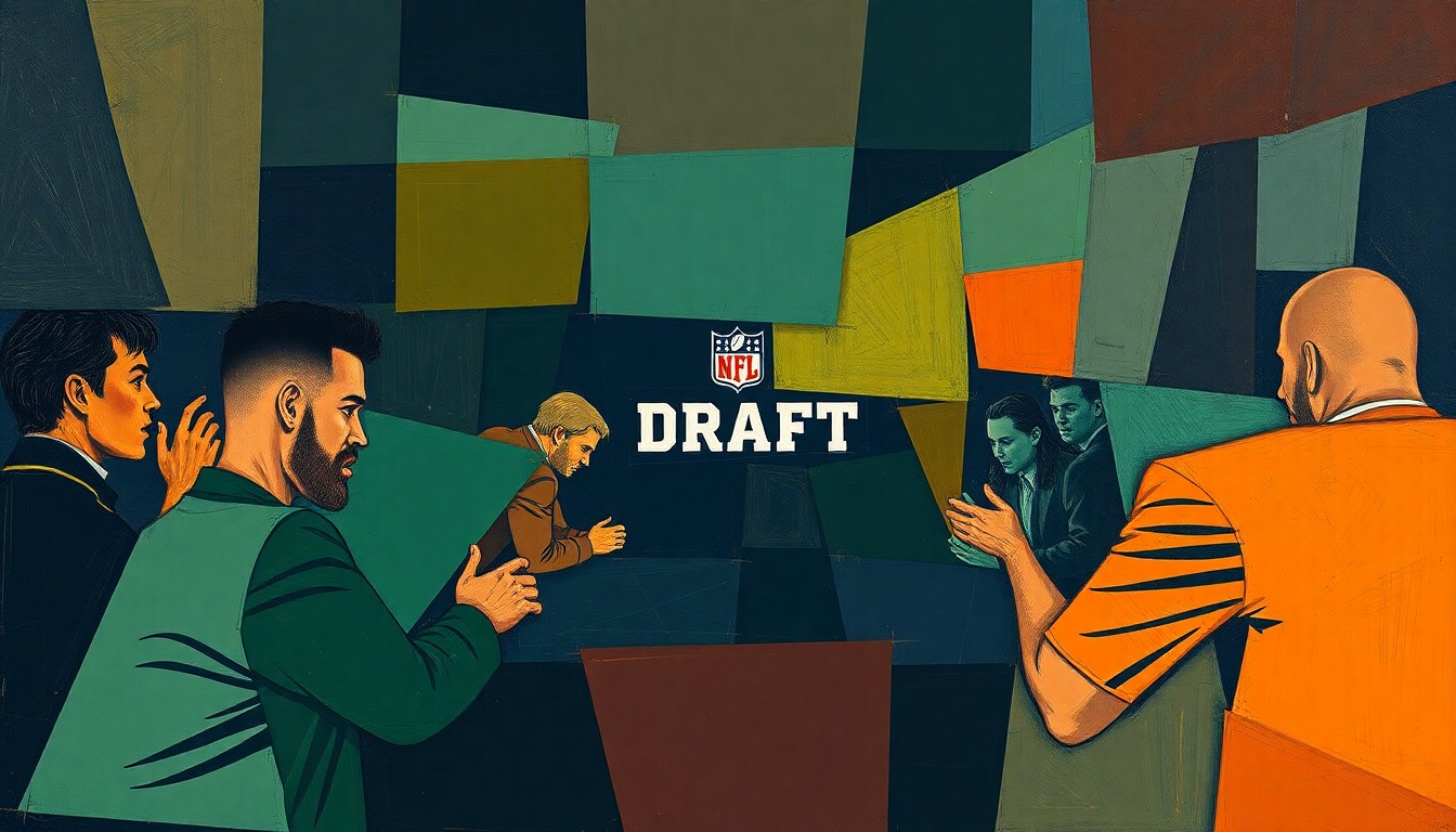 A fragmented, cubist-style painting depicting an abstract NFL draft scene, with sharp geometric shapes in navy, green, and orange representing the intense competition between teams for a highly coveted player.