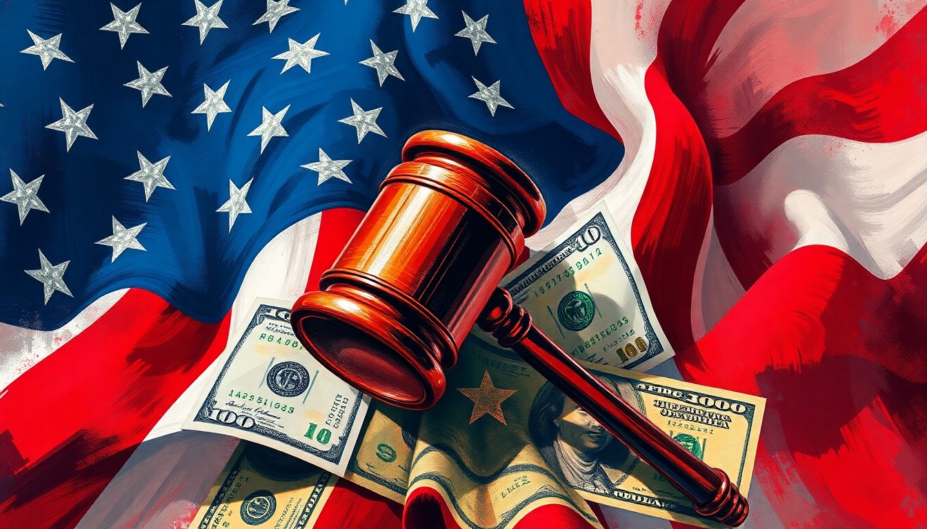 A dynamic, abstract painting featuring overlapping, geometric waves of deep red, navy blue, and gold, depicting fragmented images of a gavel, American flag, and dollar bills, conveying a sense of tension and uncertainty surrounding the balance of power in American politics.