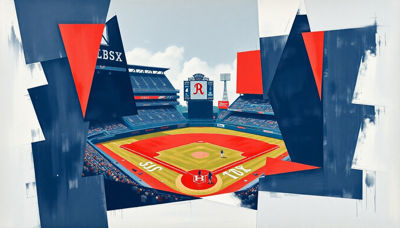 A cubist, geometric painting depicting a fractured, multi-perspective view of a Red Sox baseball game, with sharp planes of navy blue, red, and white representing the team's struggles on the field.