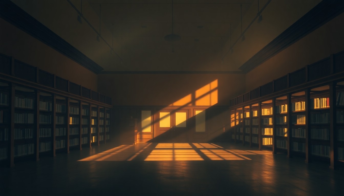 A softly lit, cinematic painting of the interior of a public library, with rows of bookshelves and reading chairs bathed in warm, diagonal sunlight and deep shadows, conceptually representing the importance of preserving these community resources.