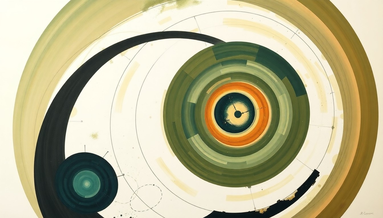 A highly structured abstract painting in earthy tones of green, brown, and blue, featuring sweeping geometric arcs, concentric planetary circles, and precise botanical spirals, conceptually representing the structural order and unseen forces of the scientific world.
