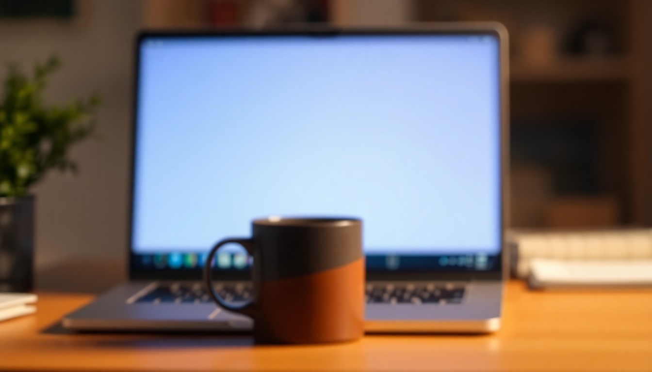 An abstract, out-of-focus photograph of a laptop screen and coffee mug on a desk, with soft, warm pools of light and color in the background, conceptually representing the importance of professional email etiquette.