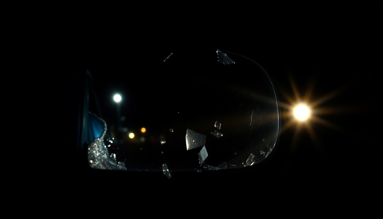 An extreme close-up photograph of a car's damaged side mirror, reflecting the chaotic scene of the car takeover. The mirror is lit by a harsh, direct camera flash against a pitch-black background, creating a stark, gritty, investigative aesthetic.