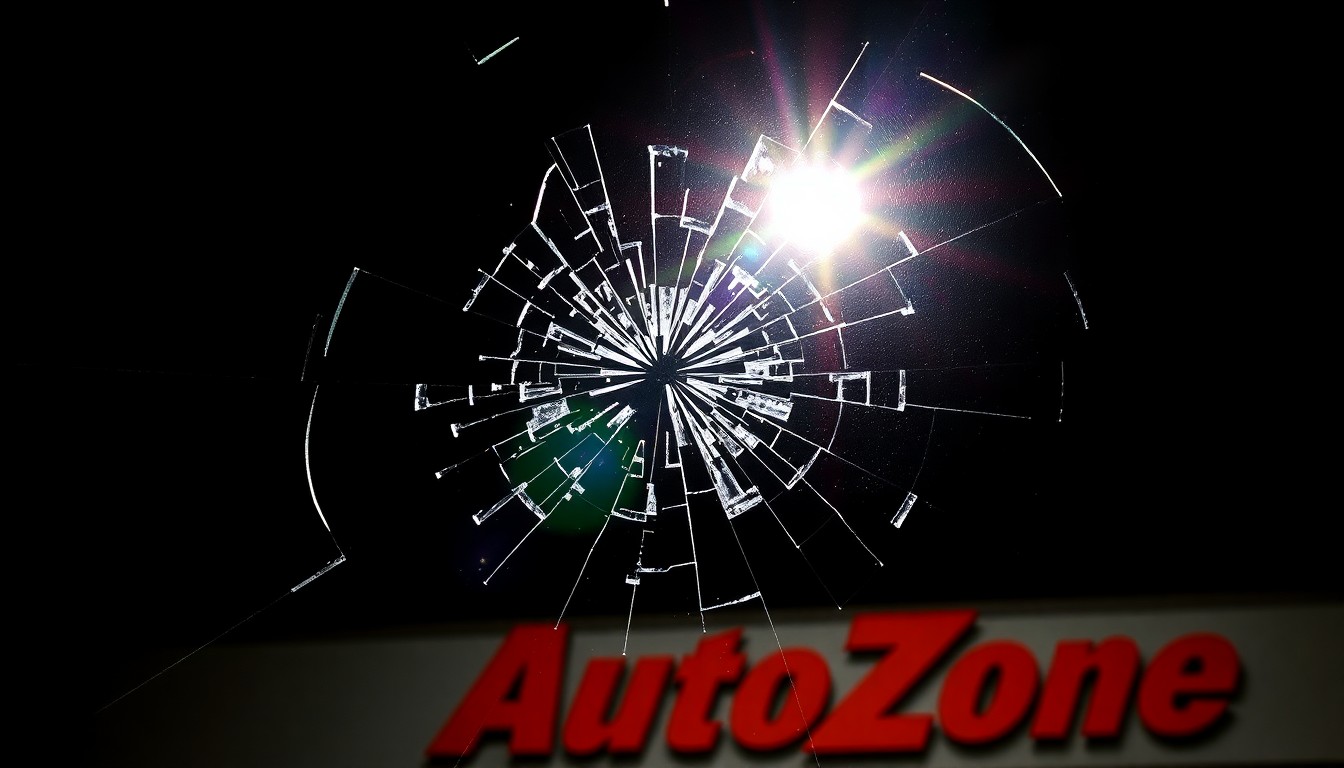 An extreme close-up photograph of a broken auto parts store window, the shattered glass reflecting a harsh camera flash, conceptually illustrating the aftermath of a coordinated retail theft incident.