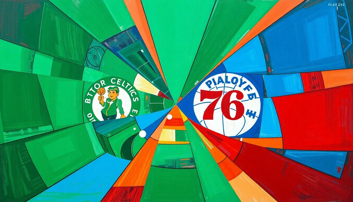 A cubist, geometric painting depicting a basketball game between the Boston Celtics and Philadelphia 76ers, with overlapping planes of vibrant green, blue, and red colors representing the intensity of the playoff matchup.