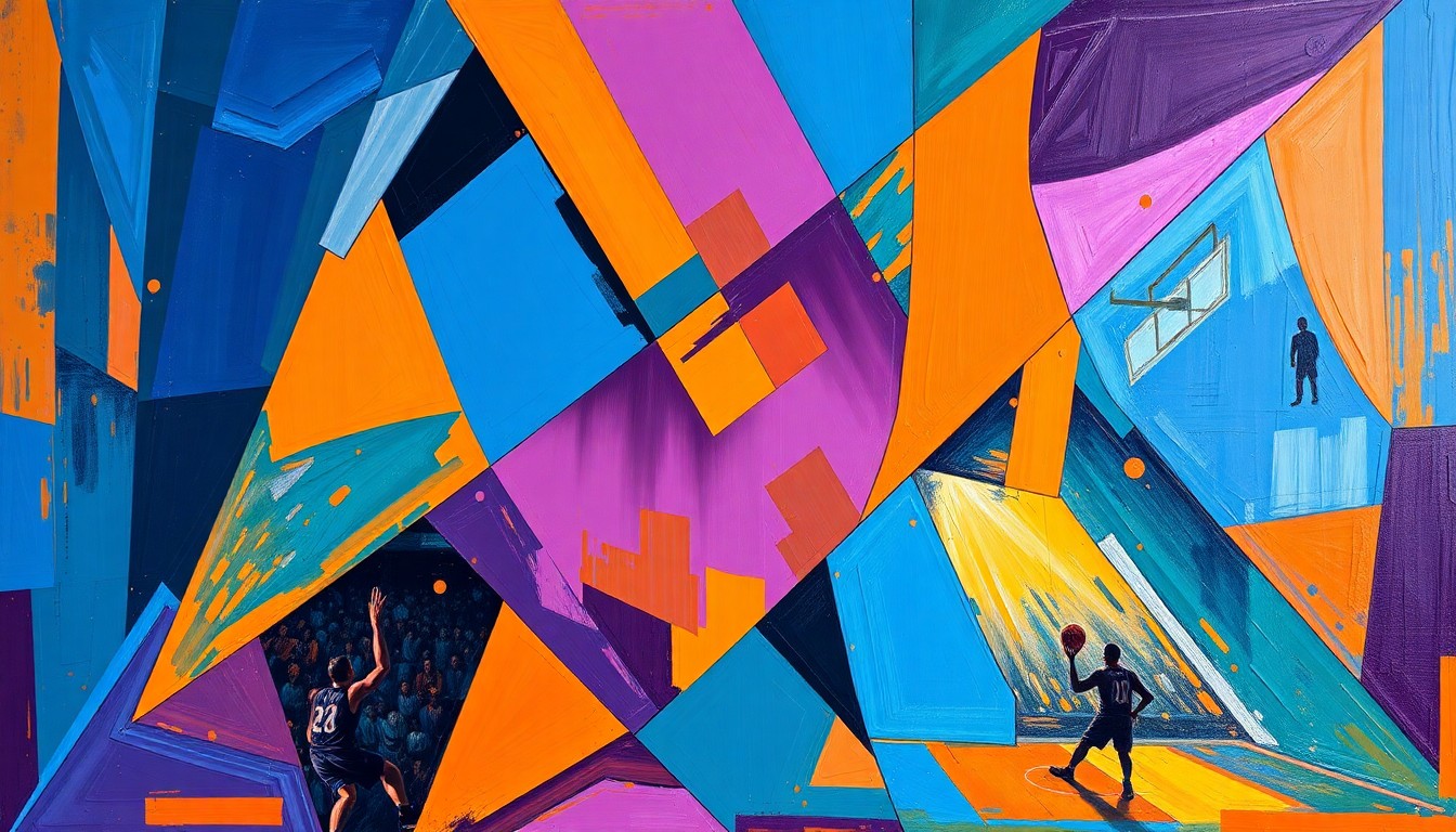 A cubist, geometric painting depicting fragmented, overlapping shapes and planes in vibrant colors, representing the chaotic energy and multiple perspectives of a basketball game or match.