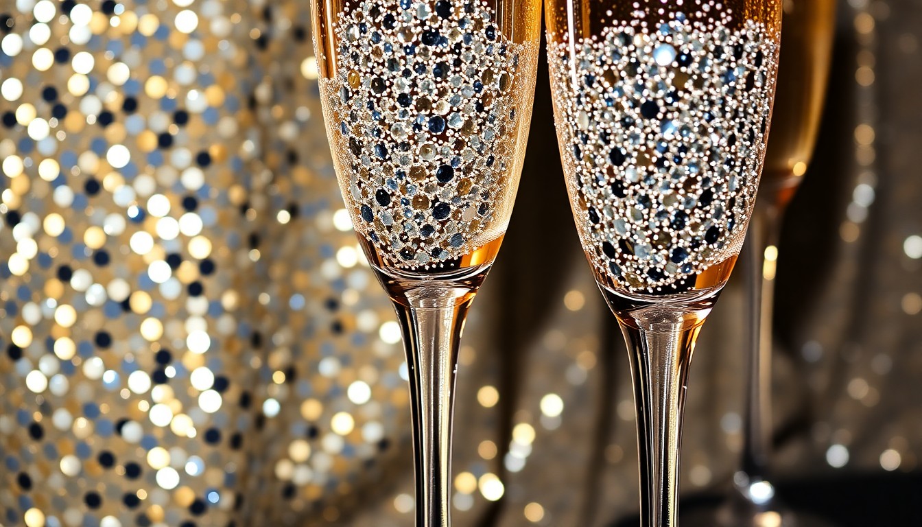 An extreme close-up photograph of sparkling champagne flutes and shimmering sequins, capturing the glamour and celebratory mood of the Martha Graham Dance Company's 100th anniversary event.