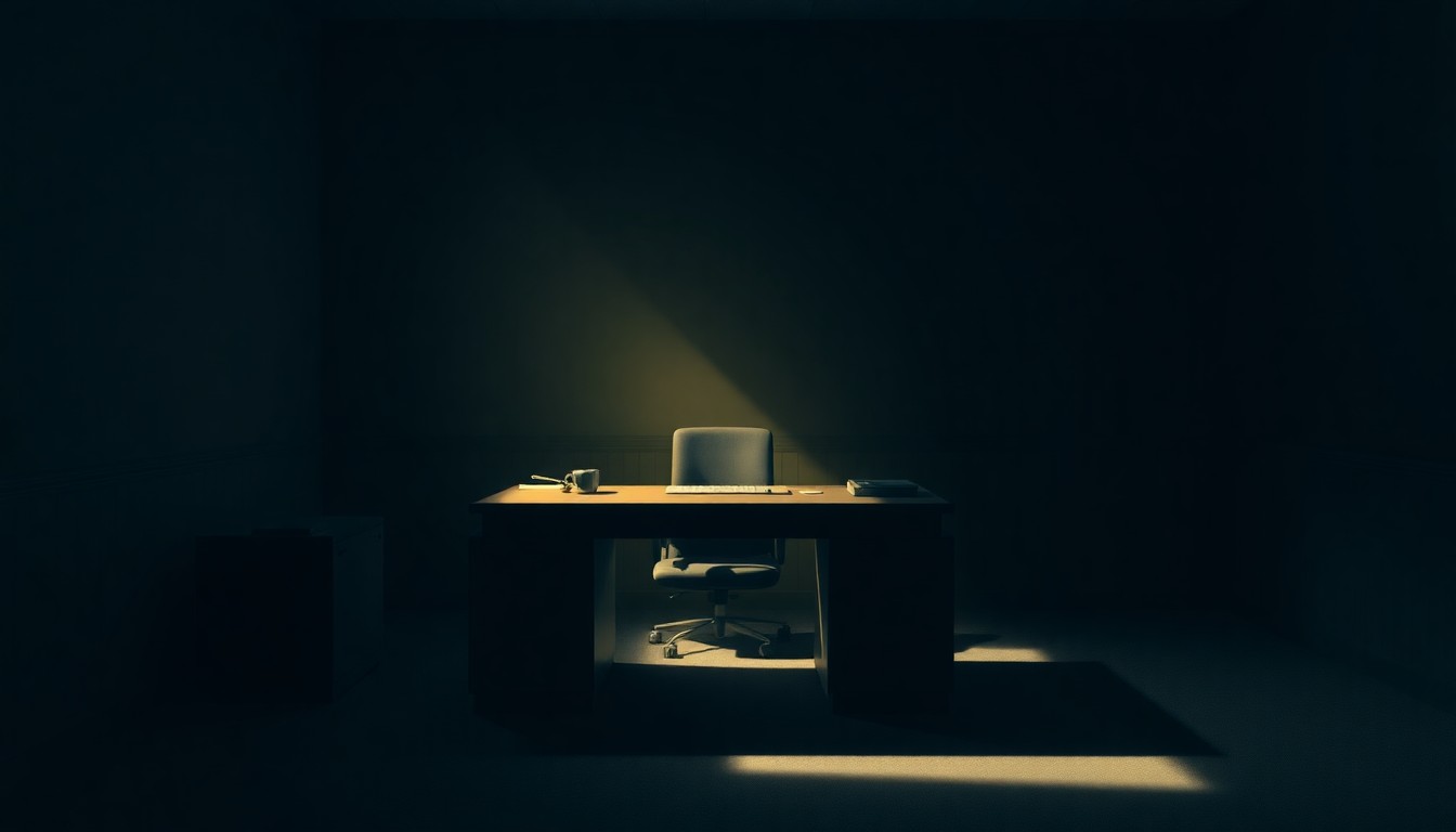A dimly lit government office desk with a single shaft of warm, diagonal sunlight cutting across the surface, evoking a sense of quiet contemplation around the resignation of a public official.