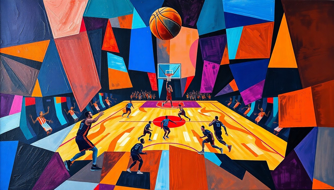 A cubist, geometric painting depicting the chaotic energy and overlapping action of a basketball game, with players' forms abstracted into angular shapes and planes of vibrant colors.