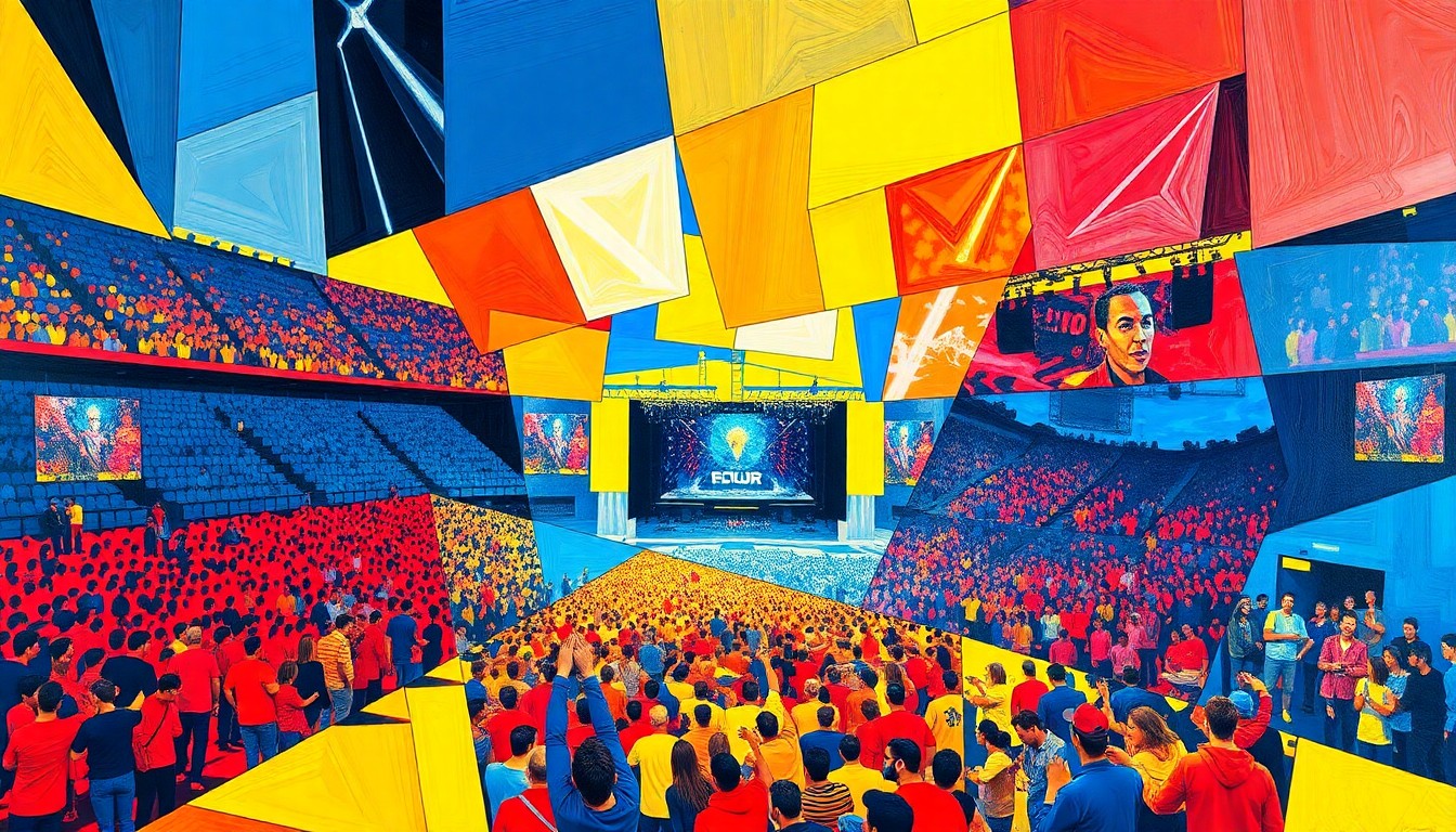 A fractured, multi-perspective painting in bold, vibrant colors depicting a large crowd at a concert, with the scene broken down into sharp, overlapping geometric planes.