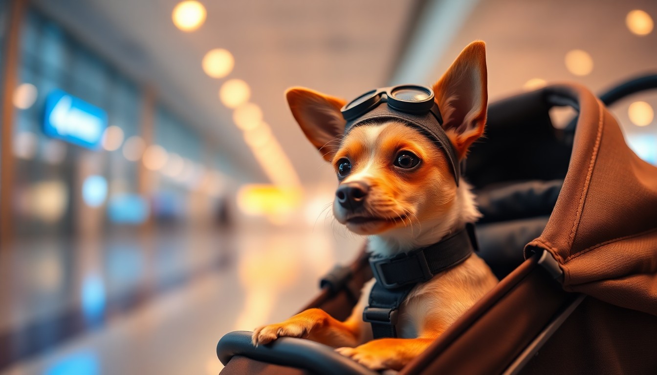 An extremely blurred, abstract image of a small dog in a pilot hat sitting in a stroller, with the warm, soft glow of airport lighting surrounding the scene, conveying a sense of comfort and nostalgia.