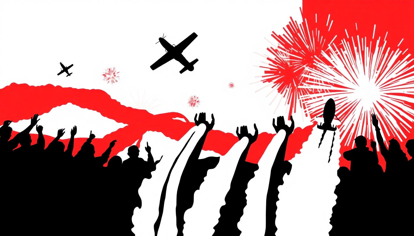 An abstract, minimalist illustration featuring bold black silhouettes of aircraft and bursts of color representing fireworks, conveying the energy and spectacle of the Thunder Over Louisville event.