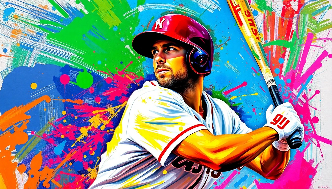 An abstract expressionist painting in neon colors, capturing the dynamic motion and energy of a baseball player's batting stance, with the details of the player's face and uniform dissolving into unrecognizable splatters of paint.