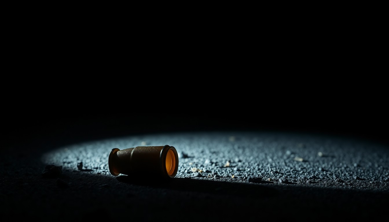 An extreme close-up of a spent shell casing on the ground, reflecting a harsh, direct camera flash in the darkness, conveying the serious, investigative nature of the crime scene.