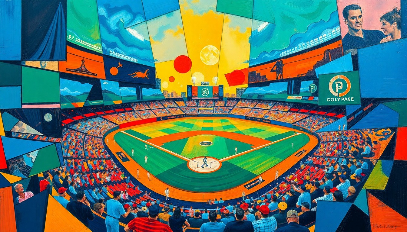 A fragmented, geometric painting in bold colors depicting the motion and energy of a baseball game, with no recognizable figures or text.