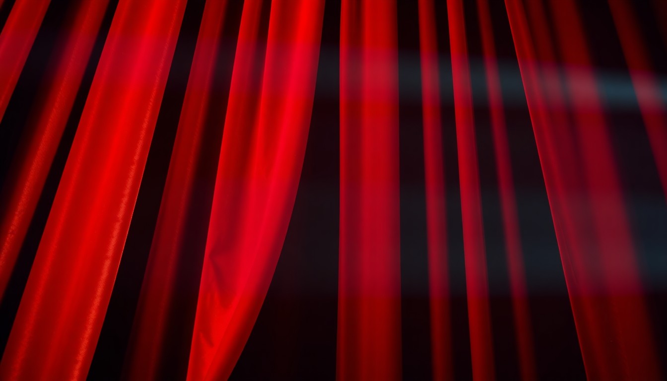 An extreme close-up of a richly textured theater curtain in deep crimson red and gold, the dramatic lighting creating a sense of glamour and anticipation for the performance within.