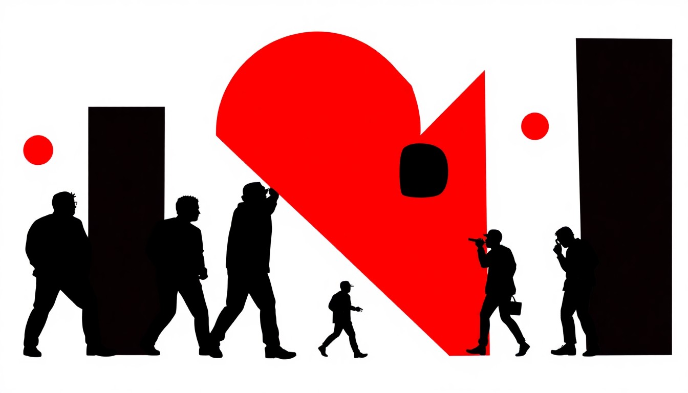 A bold, abstract composition of jagged geometric shapes and stark black silhouettes in high-contrast red and white, conceptually representing the conscious hip hop genre and Tavien Tabrón's unique musical journey.