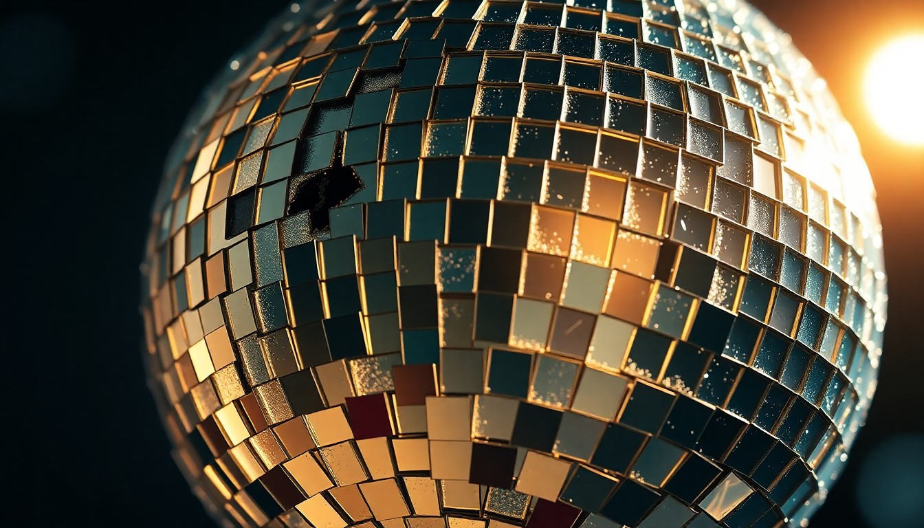 An extreme close-up of a shattered, glittering disco ball reflecting a warm, faint light, conceptually representing the fragility and resilience of a celebrity's health journey.