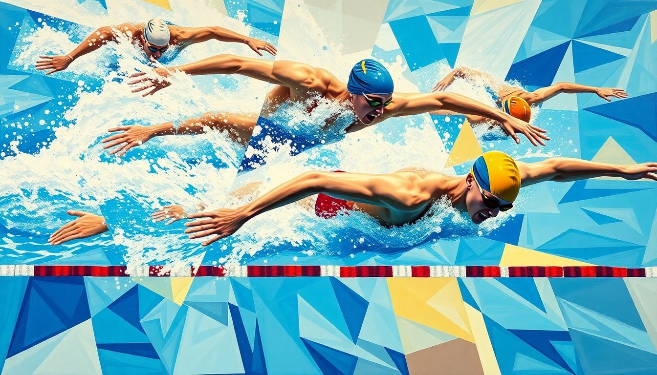 A cubist, geometric painting depicting the motion and energy of a swimming race, with the swimmers' bodies and movements broken down into abstract shapes and planes in vibrant colors.