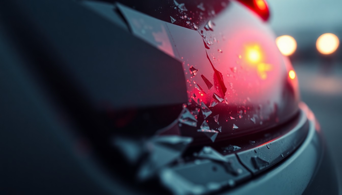 An extreme close-up photograph of a shattered car sensor lens reflecting a faint red light, conceptually representing the damage and disruption caused by a serious single-vehicle accident.